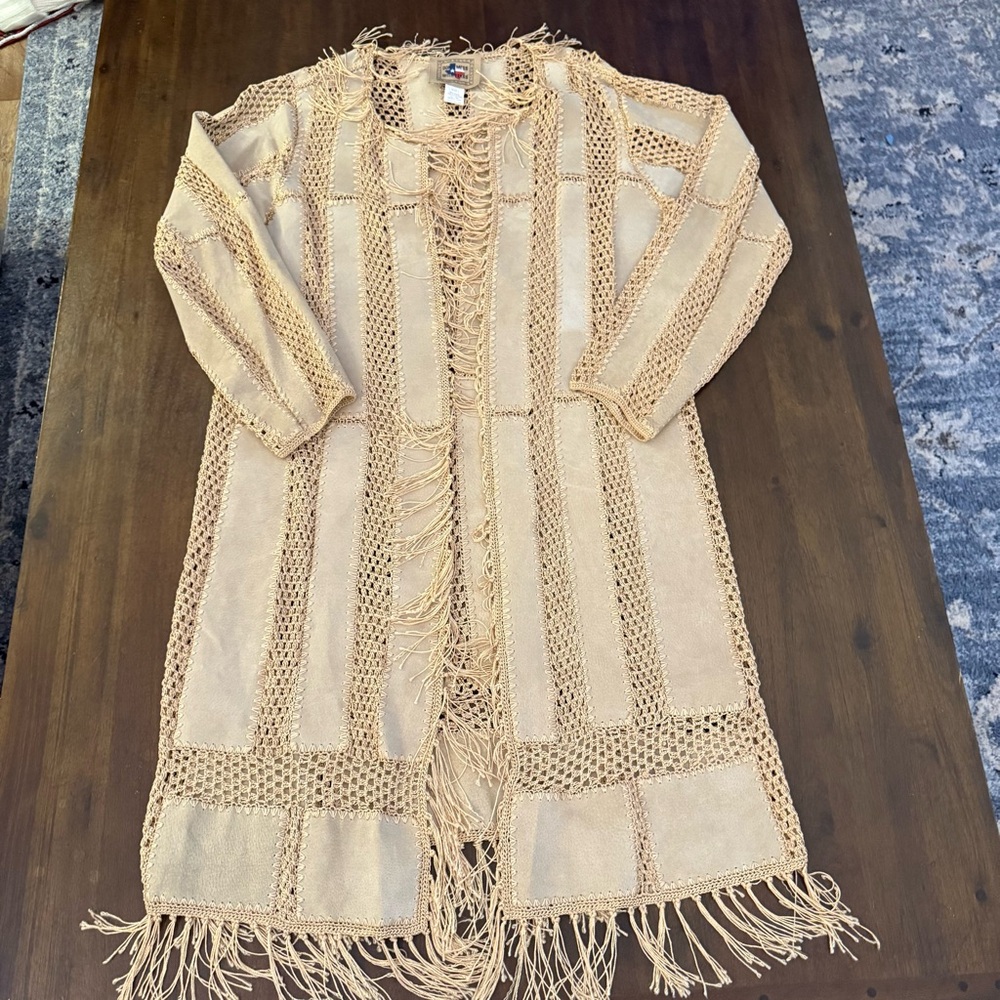 Don’t Mess with Texas Fringe Beige Crochet Cardigan Coat